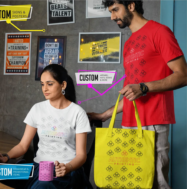 Customers with custom printed t-shirts, a tote bag and a mug