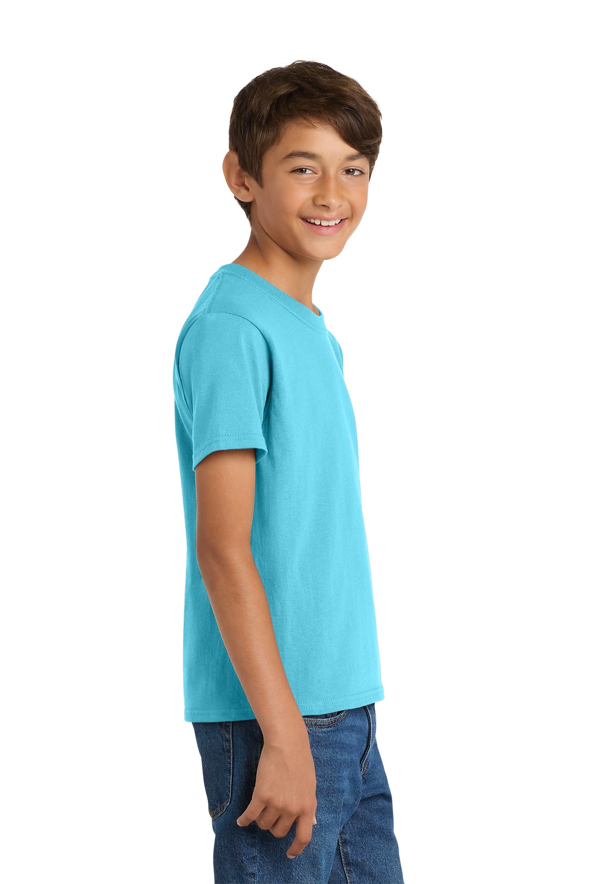 Port & Company PC54Y Youth Core Cotton Tee, Aquatic Blue, Model side