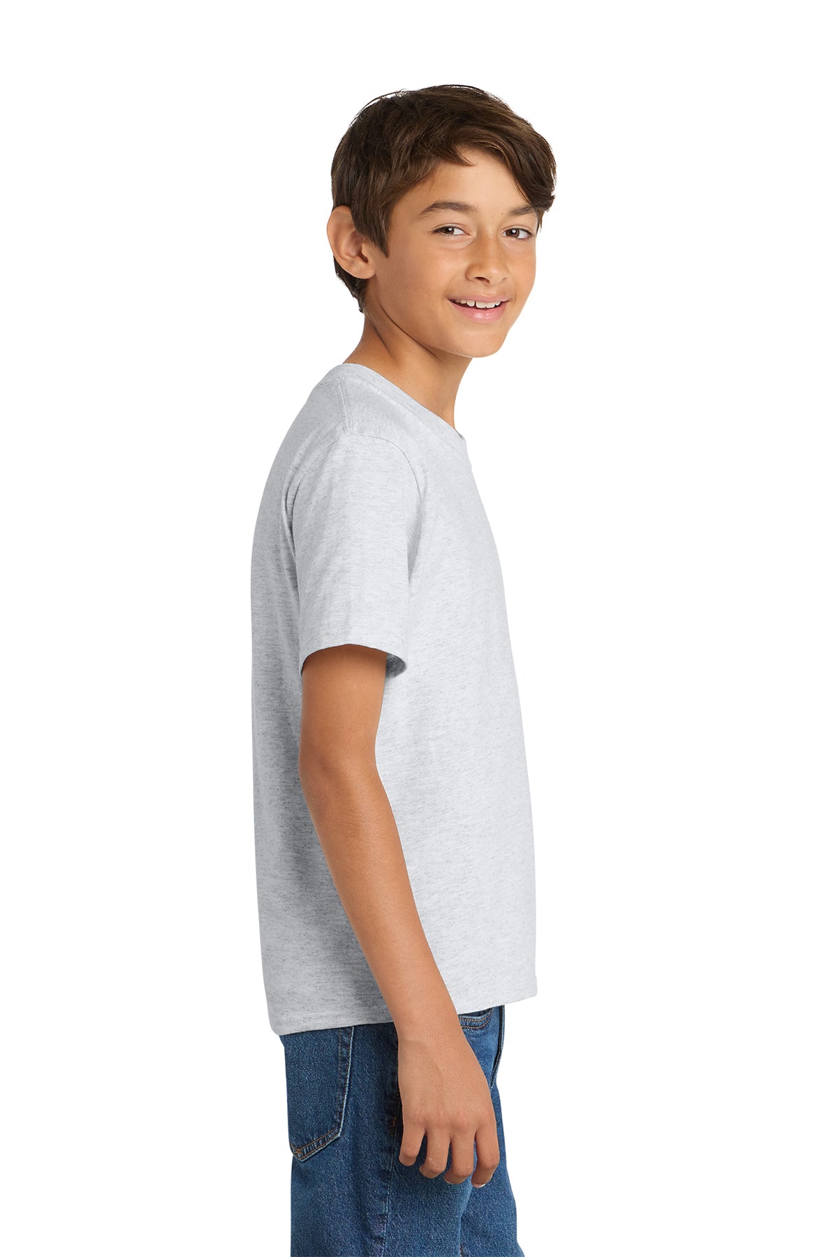 Port & Company PC54Y Youth Core Cotton Tee, Ash, Model side
