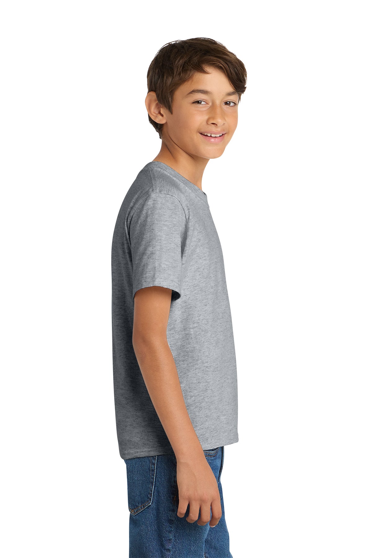 Port & Company PC54Y Youth Core Cotton Tee, Athletic Heather, Model side