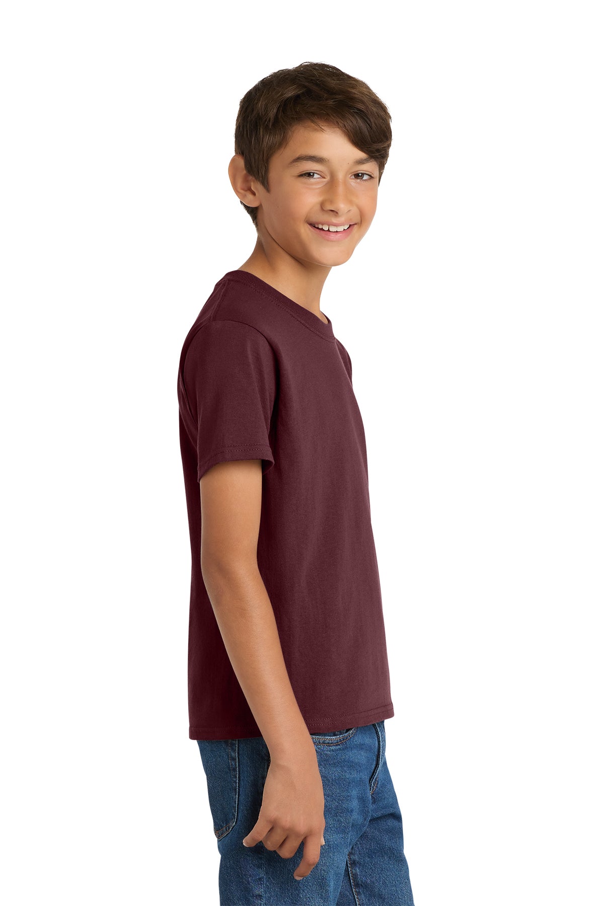 Port & Company PC54Y Youth Core Cotton Tee, Athletic Maroon, Model side