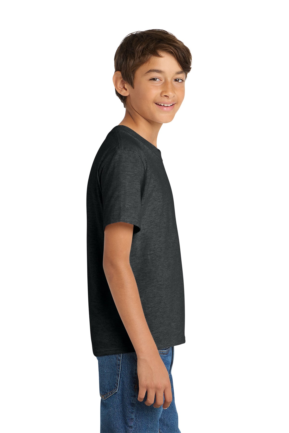 Port & Company PC54Y Youth Core Cotton Tee, Black Heather, Model side