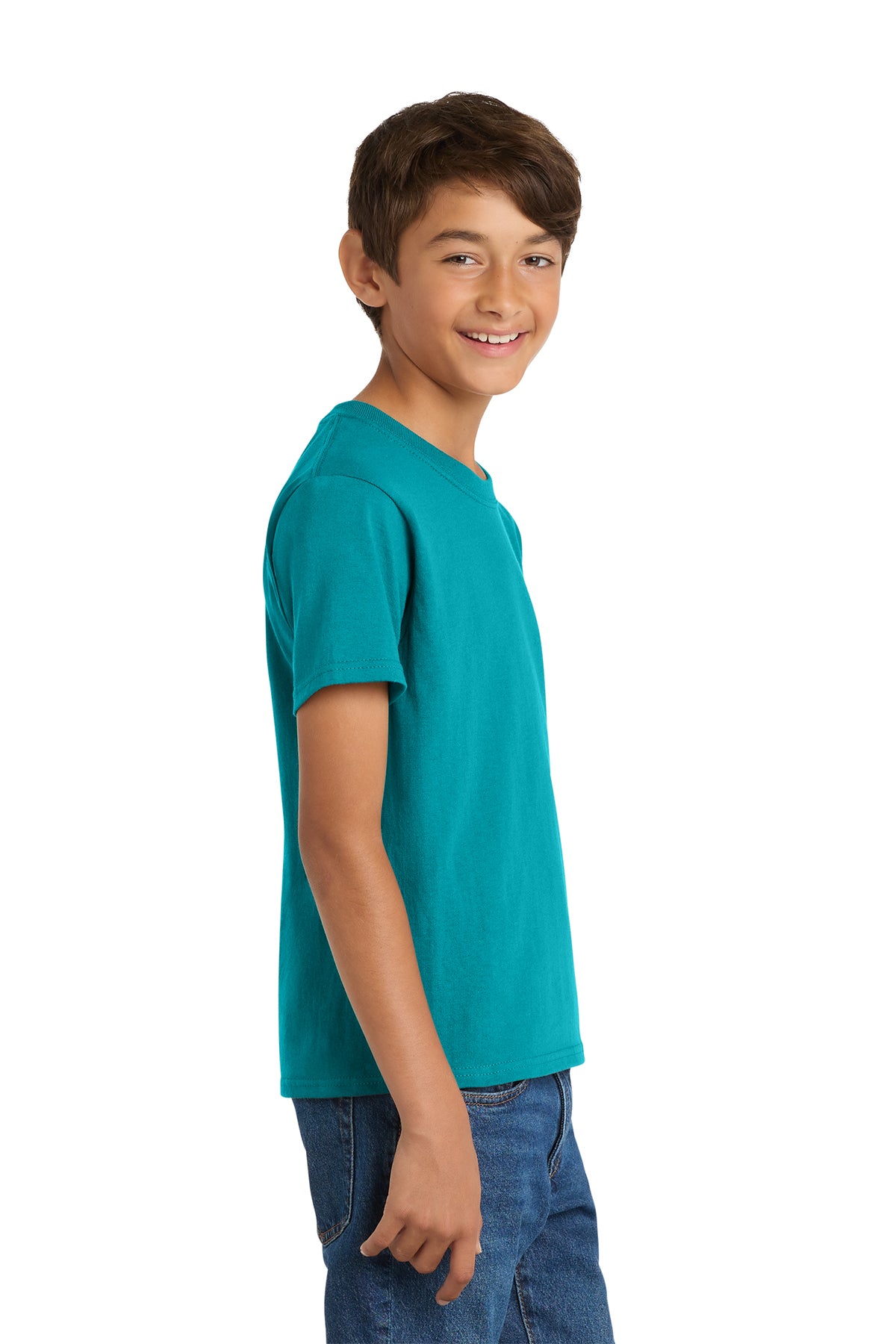 Port & Company PC54Y Youth Core Cotton Tee, Bright Aqua, Model side