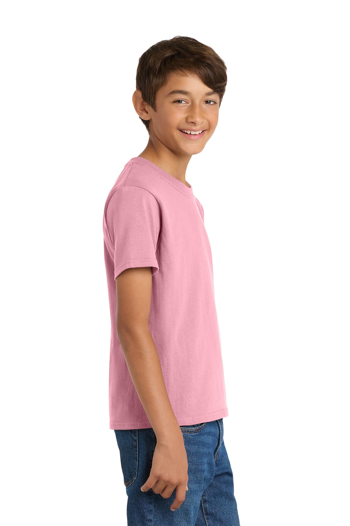 Port & Company PC54Y Youth Core Cotton Tee, Candy Pink, Model side