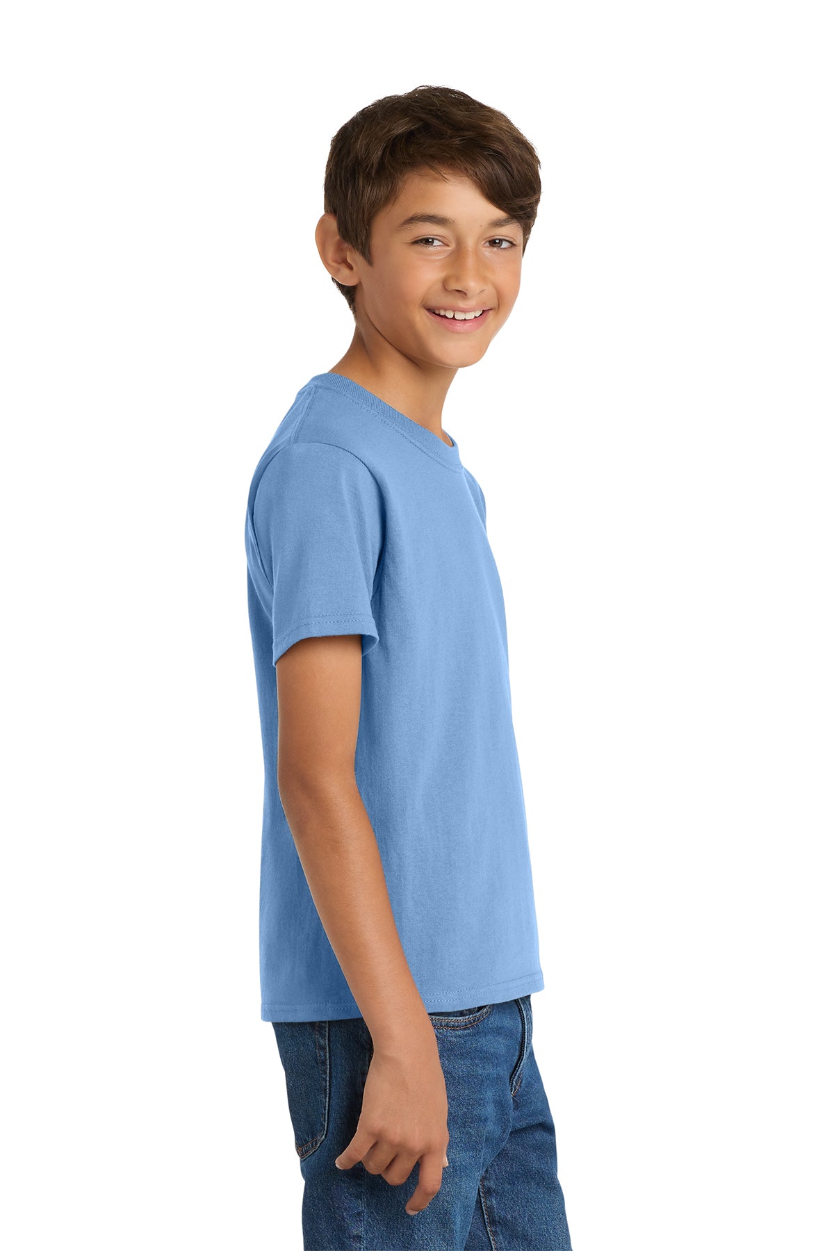 Port & Company PC54Y Youth Core Cotton Tee, Carolina Blue, Model side