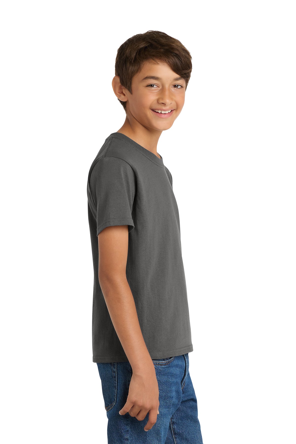 Port & Company PC54Y Youth Core Cotton Tee, Charcoal, Model side