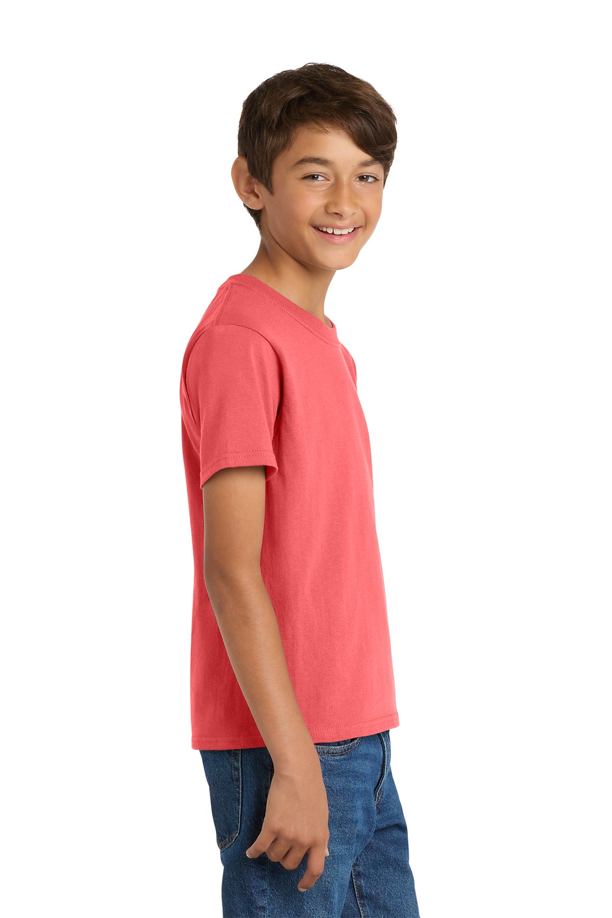 Port & Company PC54Y Youth Core Cotton Tee, Coral, Model side