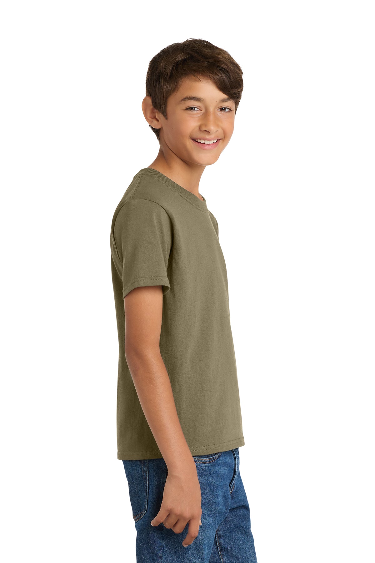 Port & Company PC54Y Youth Core Cotton Tee, Coyote Brown, Model side