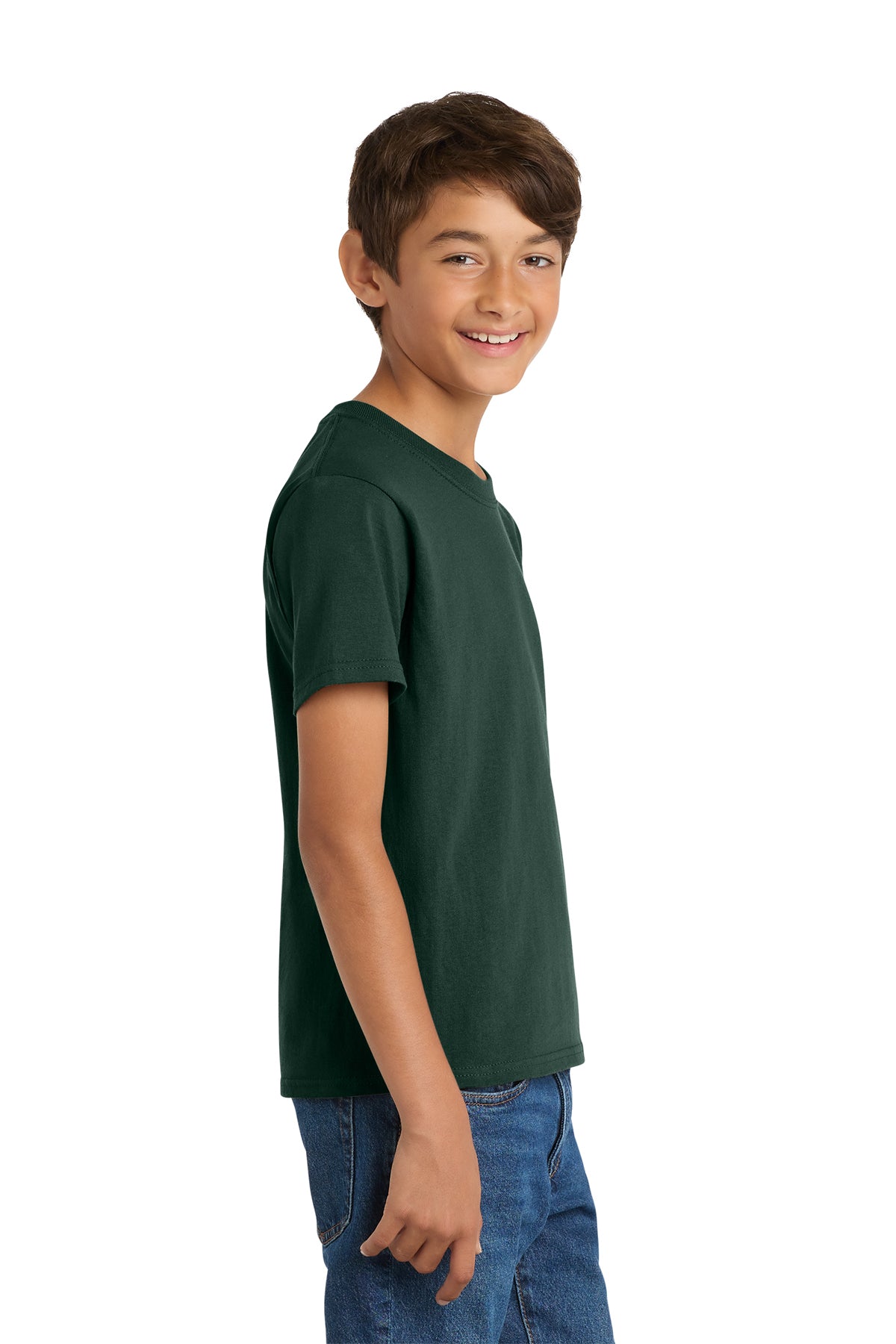Port & Company PC54Y Youth Core Cotton Tee, Dark Green, Model side