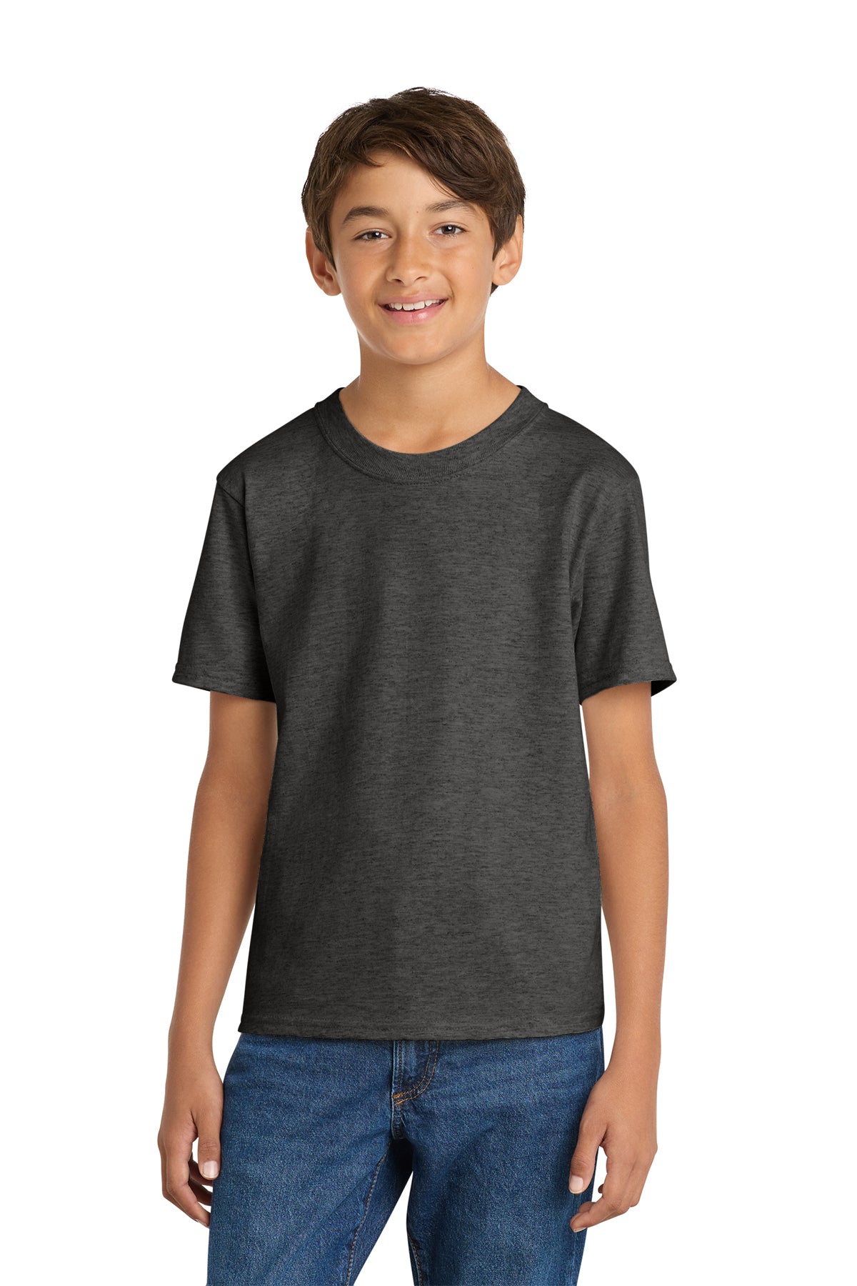 Port & Company PC54Y Youth Core Cotton Tee, Dark Heather Grey, Model front