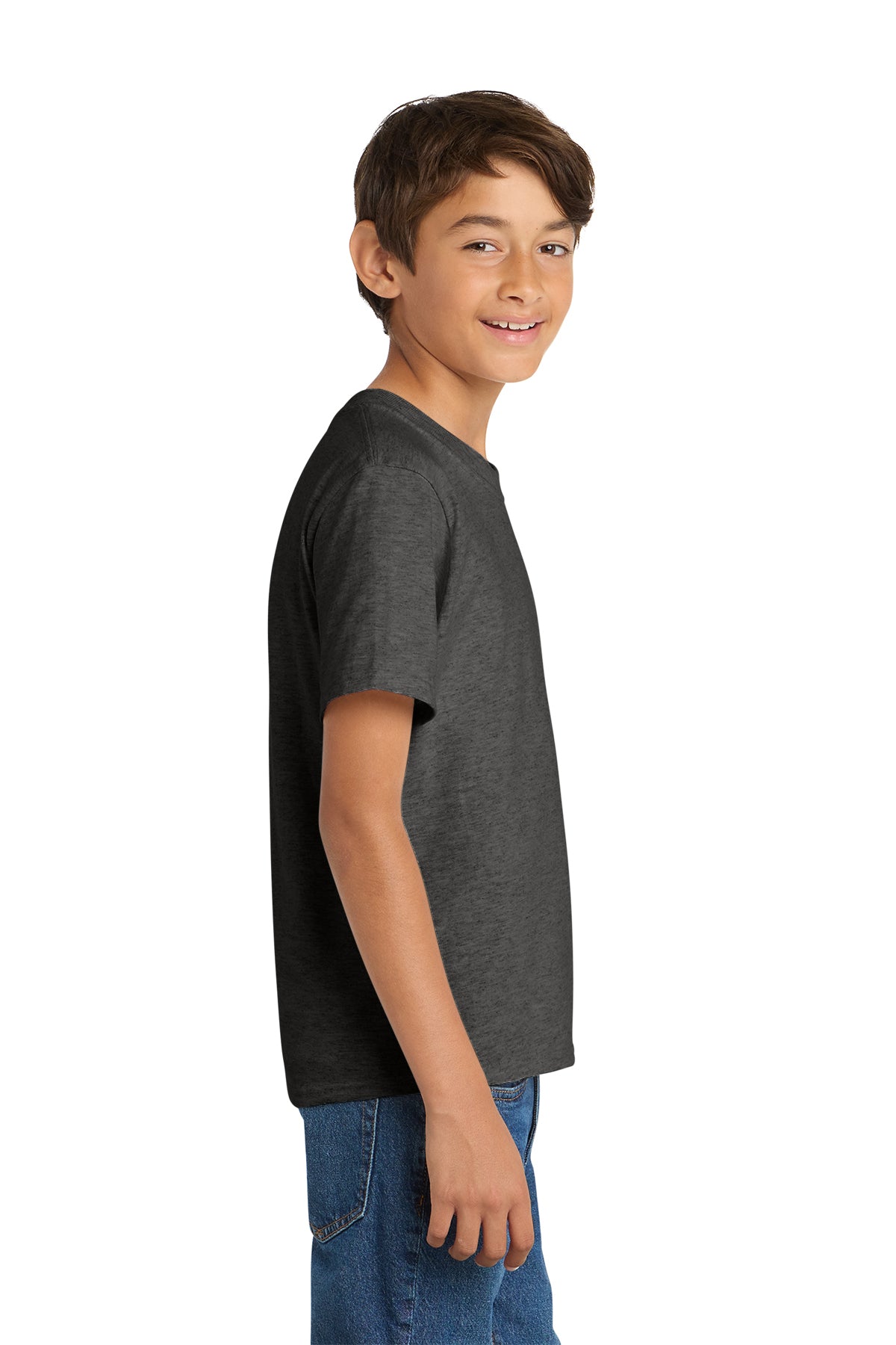 Port & Company PC54Y Youth Core Cotton Tee, Dark Heather Grey, Model side