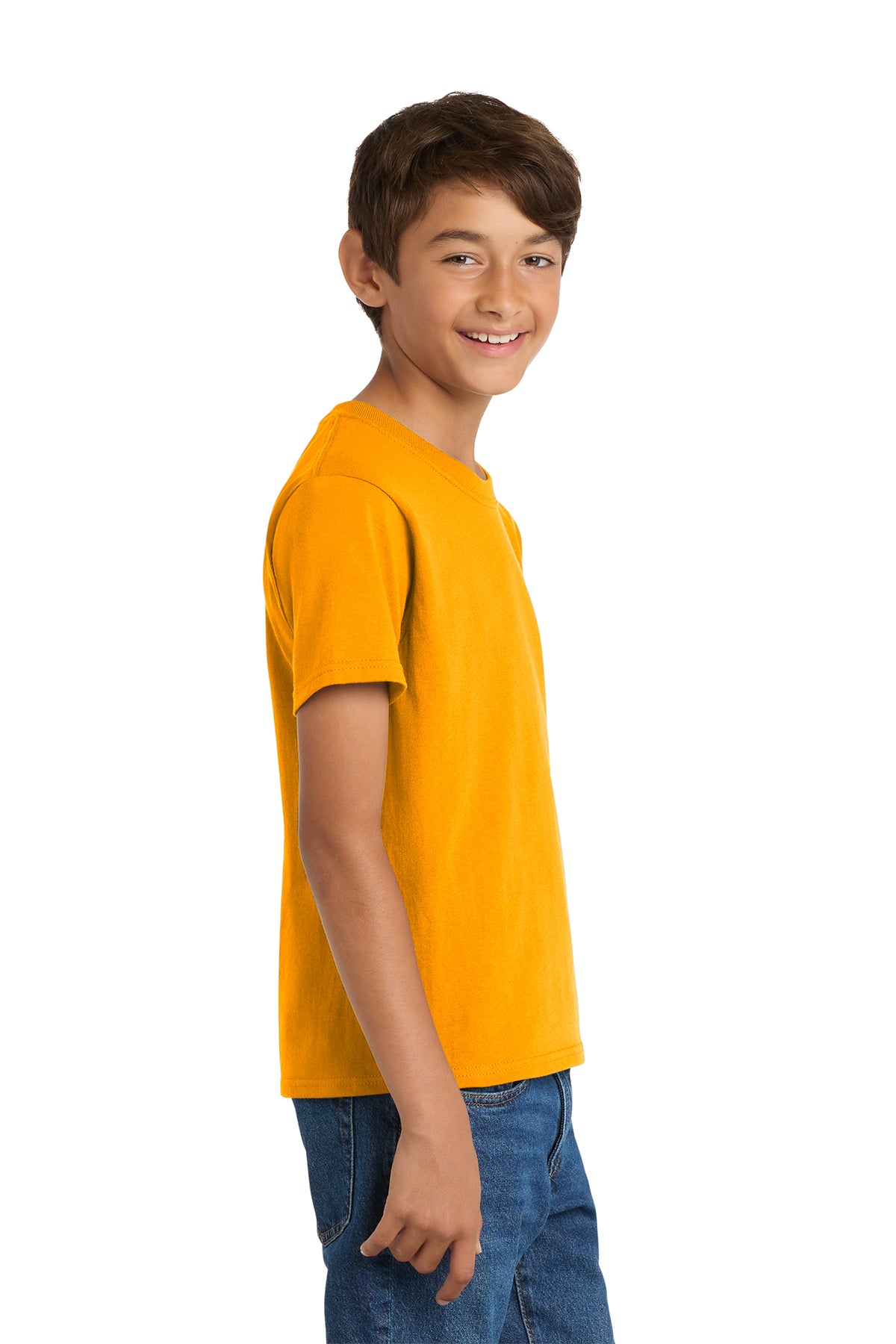 Port & Company PC54Y Youth Core Cotton Tee, Gold, Model side