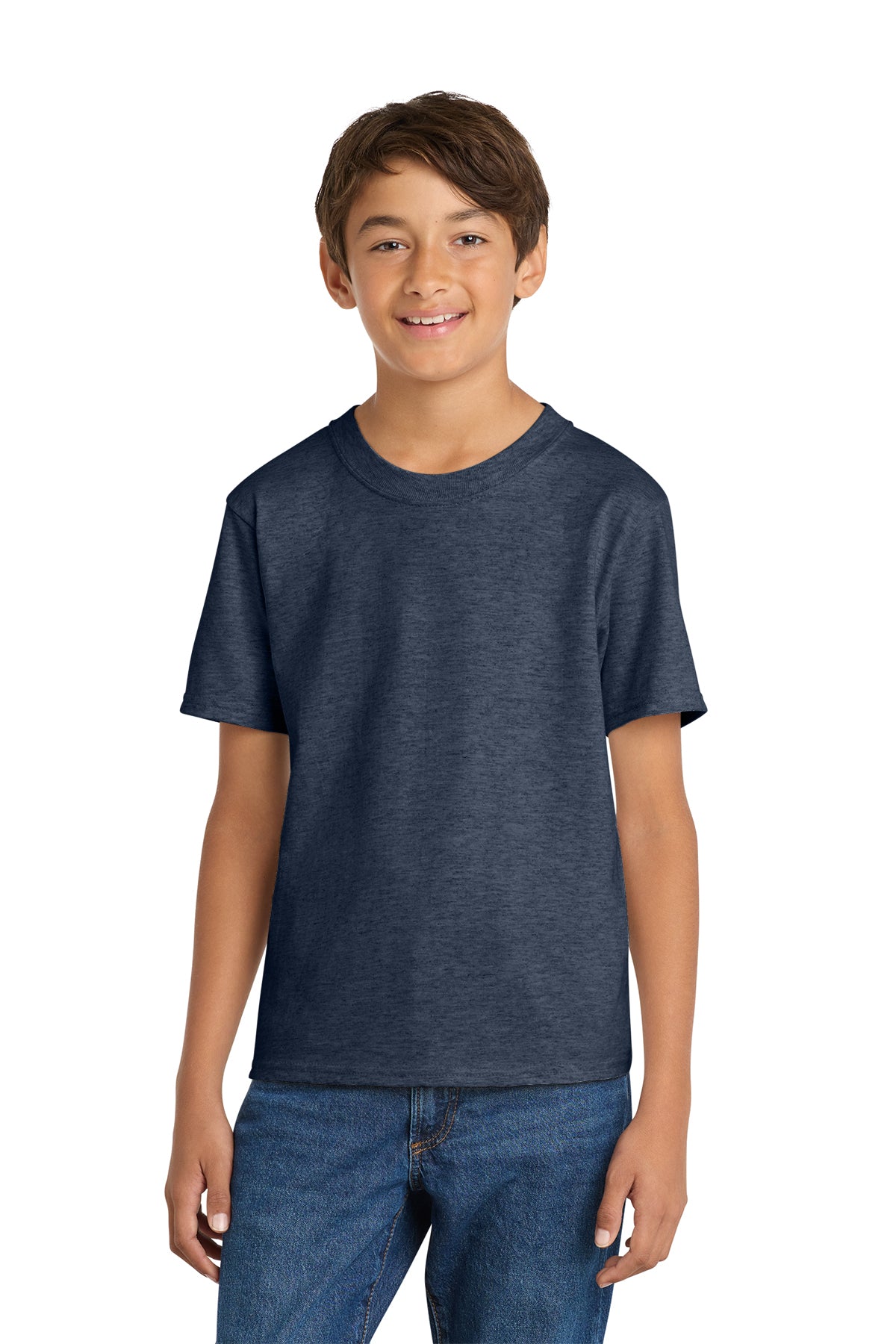 Port & Company PC54Y Youth Core Cotton Tee, Heather Navy, Model front