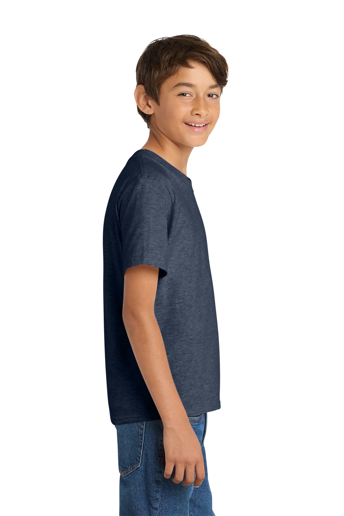 Port & Company PC54Y Youth Core Cotton Tee, Heather Navy, Model side