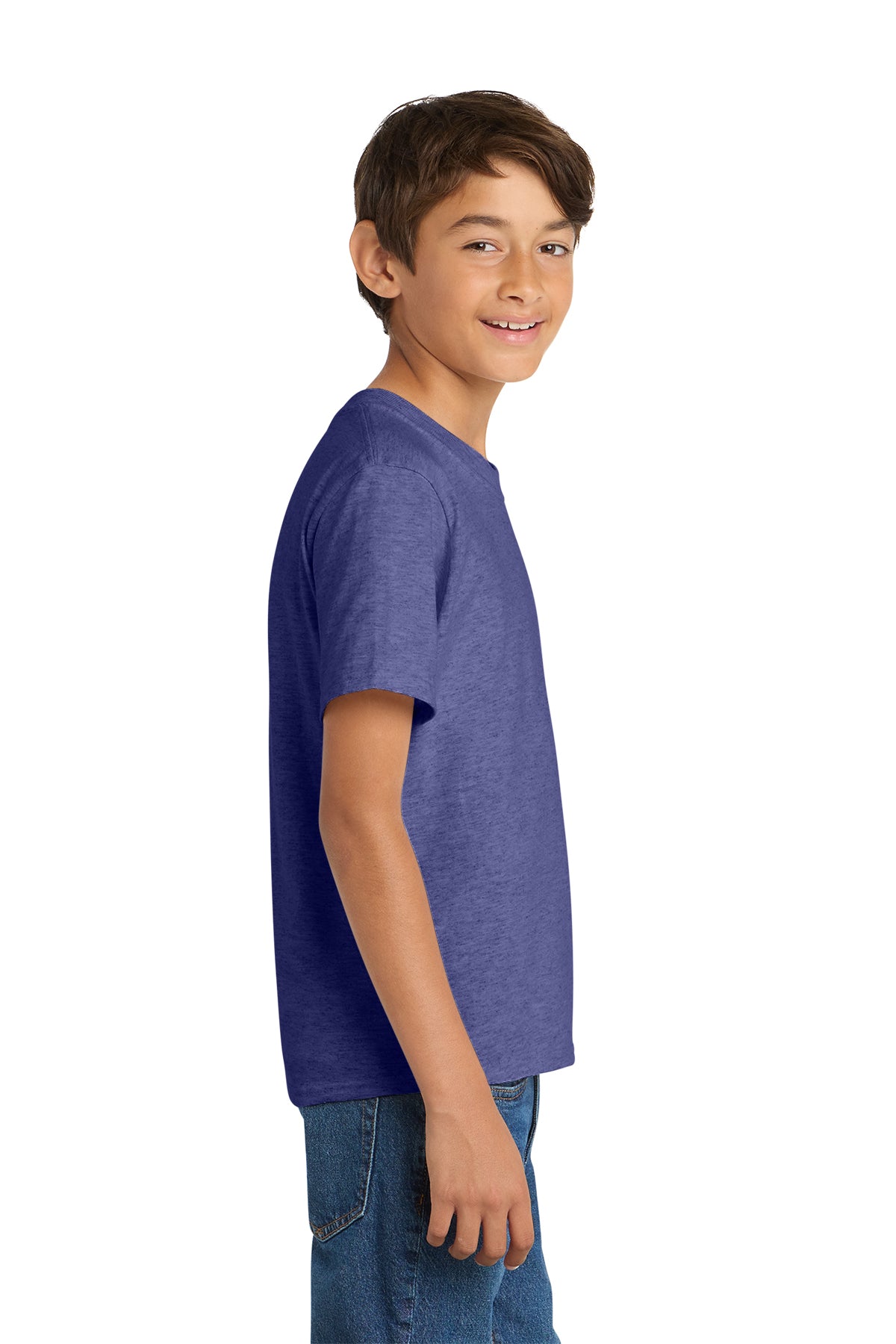 Port & Company PC54Y Youth Core Cotton Tee, Heather Purple, Model side
