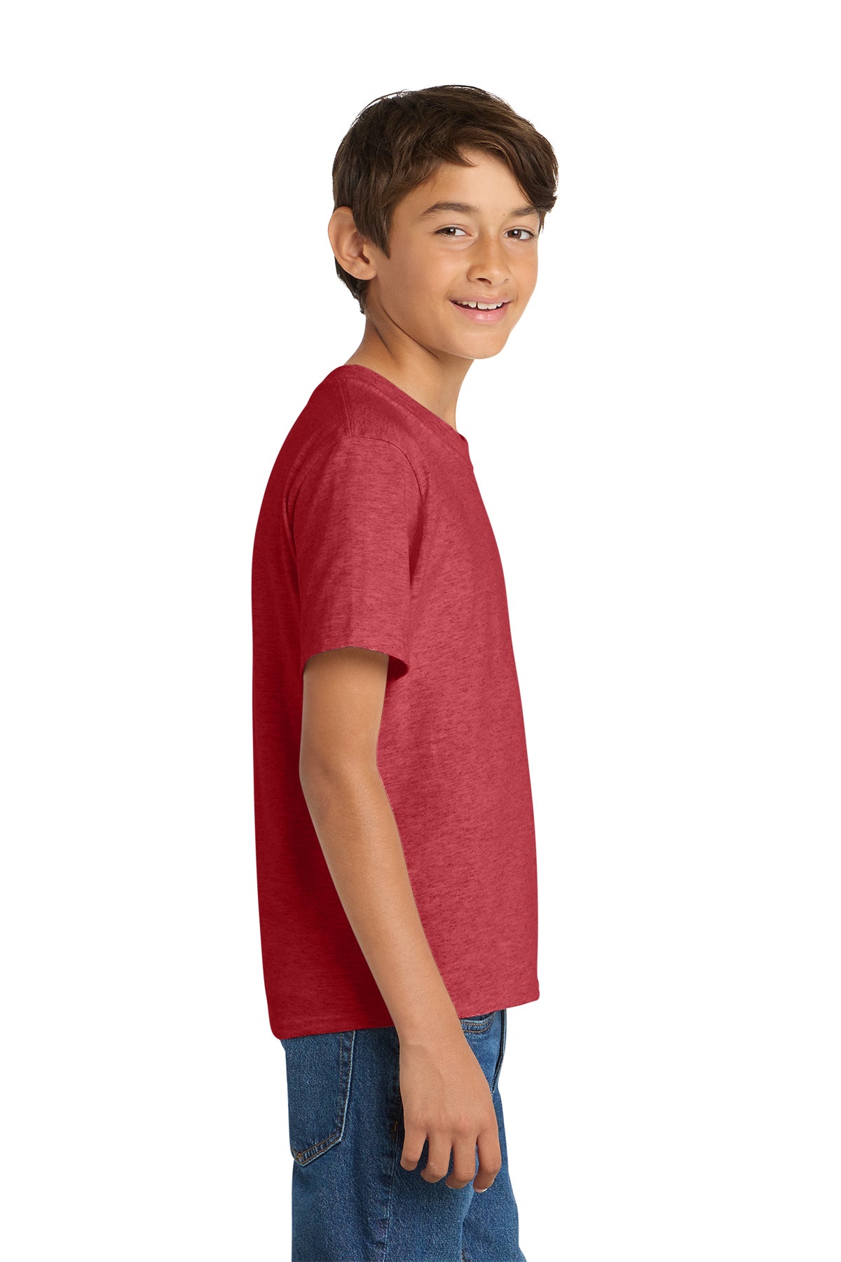 Port & Company PC54Y Youth Core Cotton Tee, Heather Red, Model side