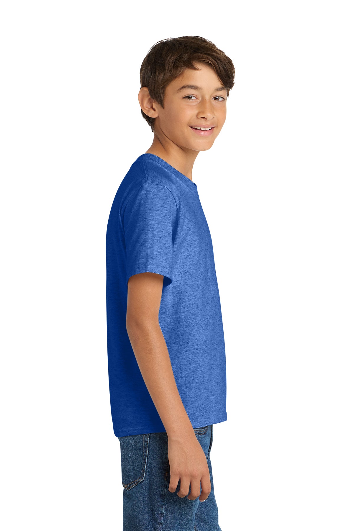 Port & Company PC54Y Youth Core Cotton Tee, Heather Royal, Model side