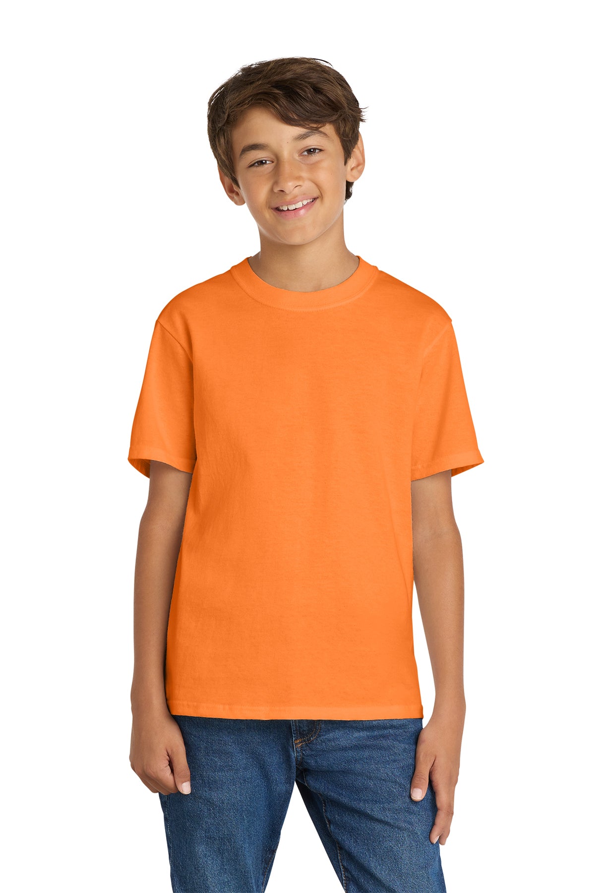 Port & Company PC54Y Youth Core Cotton Tee, Neon Orange, Model front
