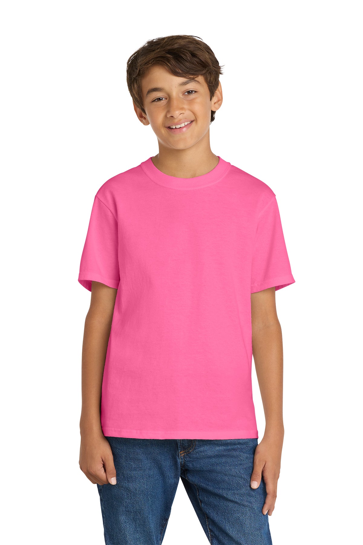Port & Company PC54Y Youth Core Cotton Tee, Neon Pink, Model front