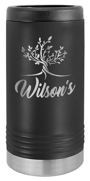 Black slim can beverage holder engraved with a tree design