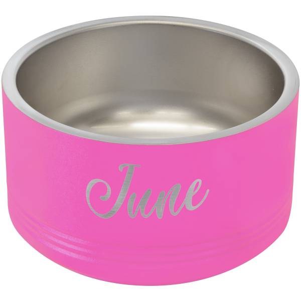 Pink pet bowl engraved with June