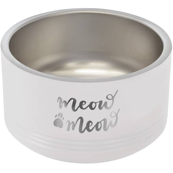 White pet bowl engraved with Meow Meow