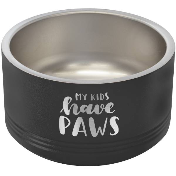 Black pet bowl engraved with My Kids Have Paws