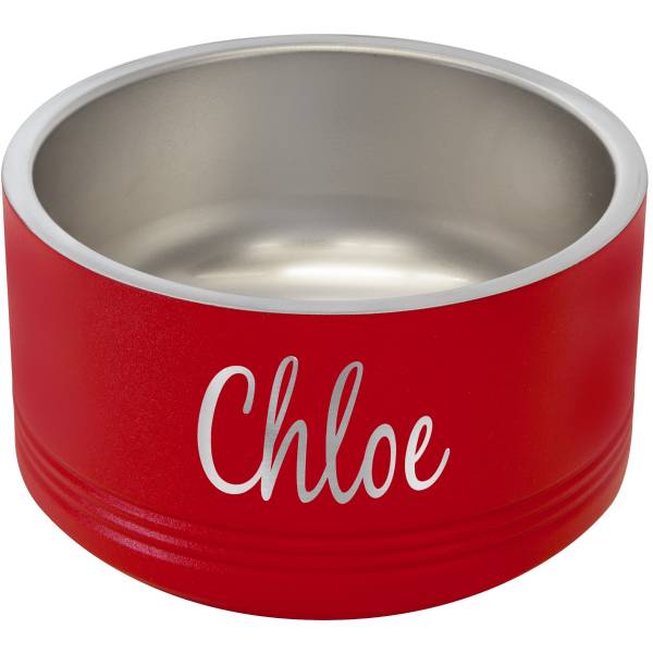 Red pet bowl engraved with Chloe