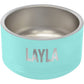 Teal pet bowl engraved with LAYLA