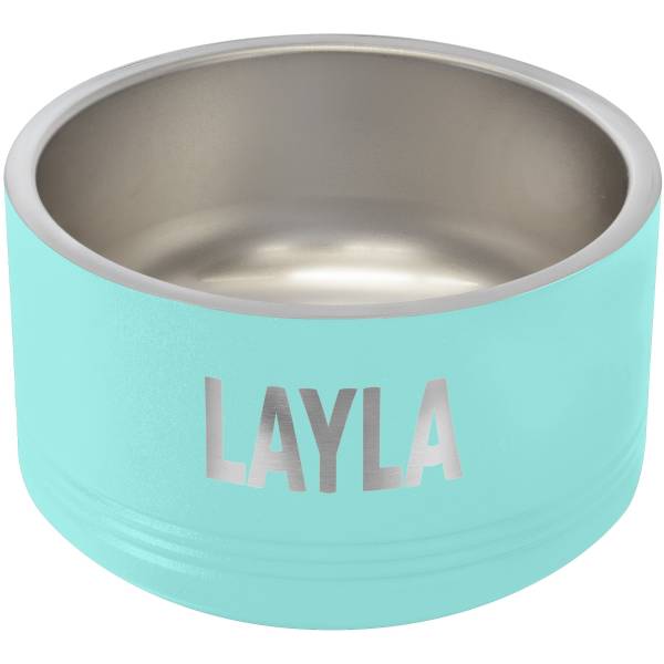 Teal pet bowl engraved with LAYLA