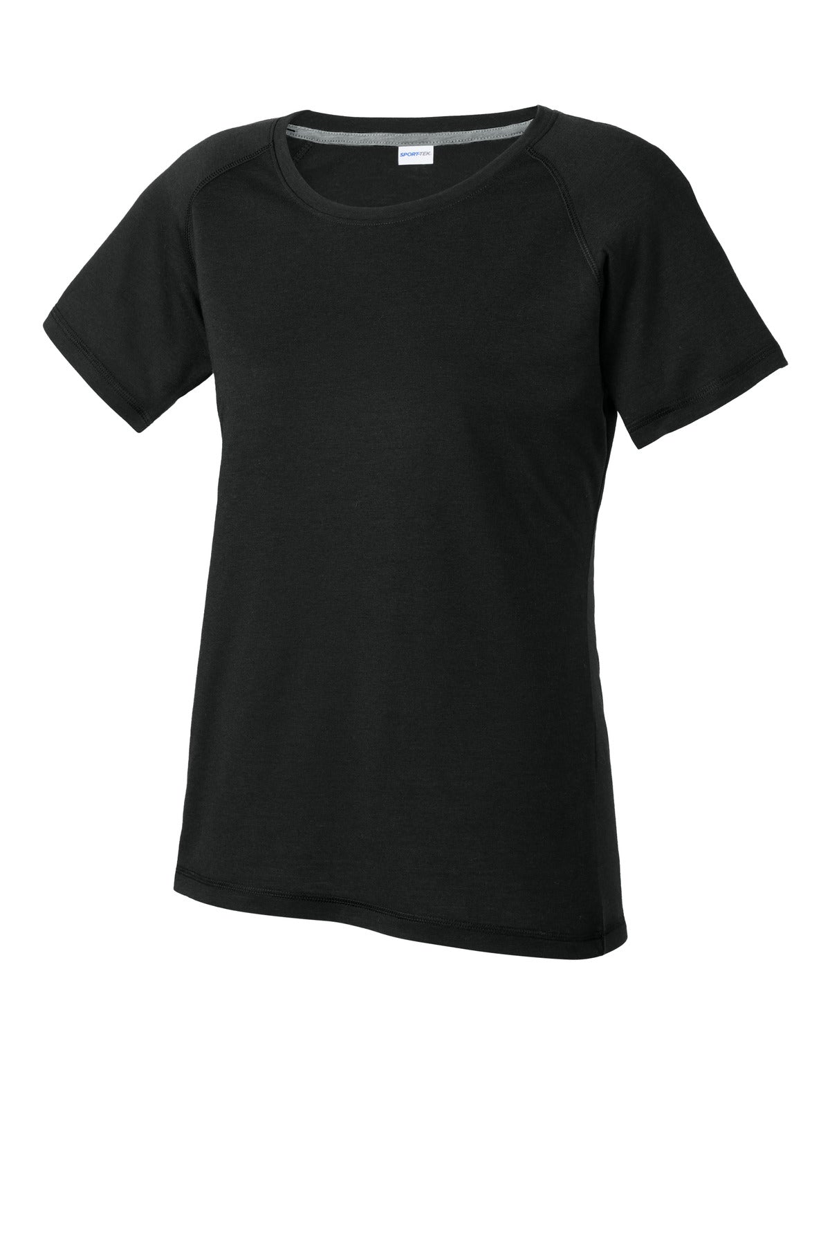 Sport-Tek Women's PosiCharge Tri-Blend Wicking Scoop Neck Raglan Tee LST400 - Black Triad Solid - Front (flat)