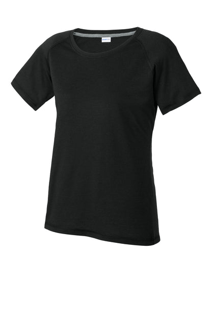 Sport-Tek Women's PosiCharge Tri-Blend Wicking Scoop Neck Raglan Tee LST400 - Black Triad Solid - Front (flat)