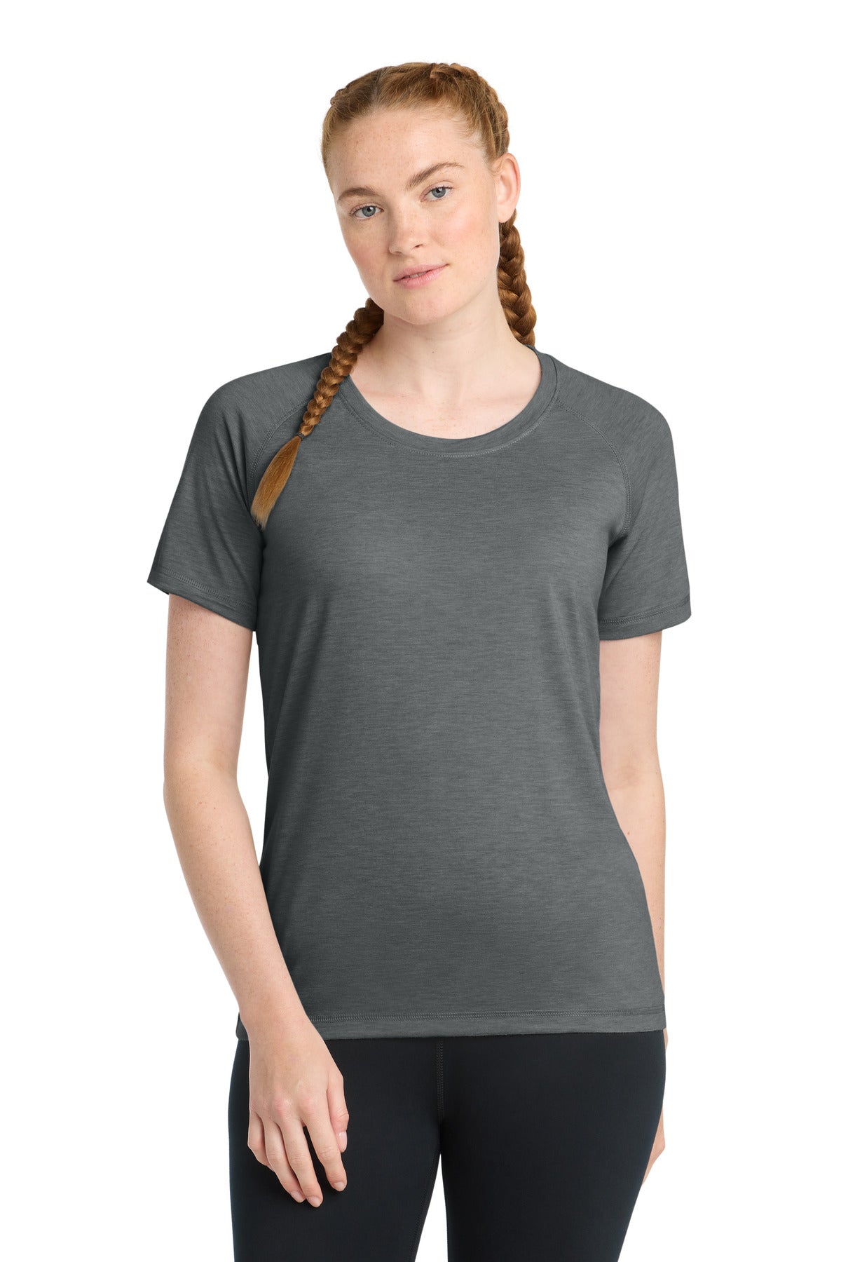 Sport-Tek Women's PosiCharge Tri-Blend Wicking Scoop Neck Raglan Tee LST400 - Dark Grey Heather - Front