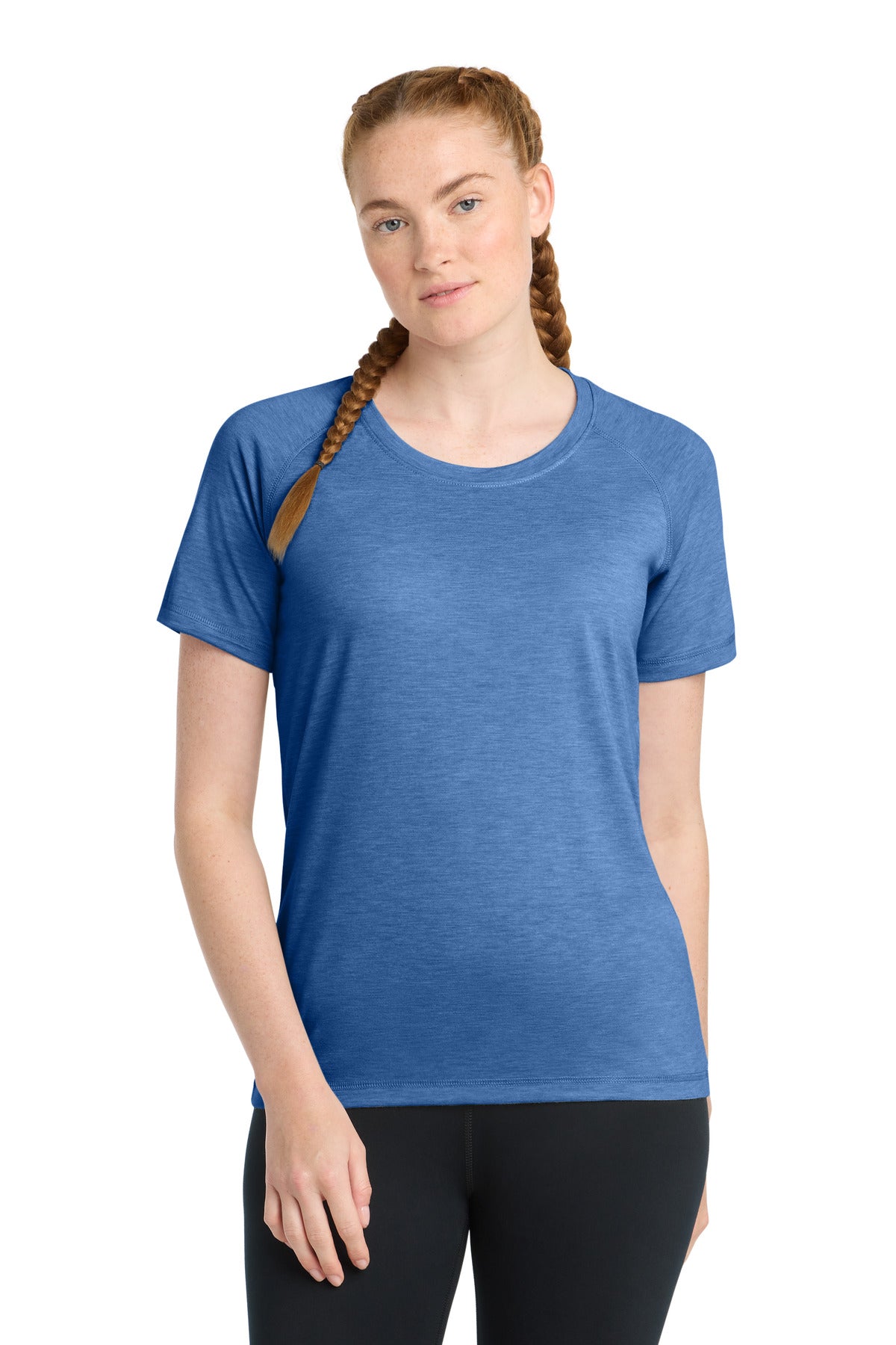 Sport-Tek Women's PosiCharge Tri-Blend Wicking Scoop Neck Raglan Tee LST400 - True Royal Heather - Front