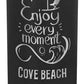 Black 22 oz skinny tumbler engraved with a beach design