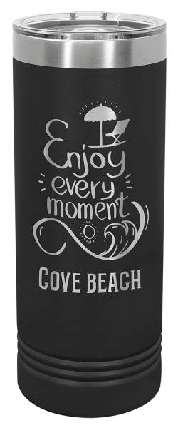 Black 22 oz skinny tumbler engraved with a beach design