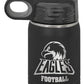 Black 12 oz water bottle engraved with a football team design