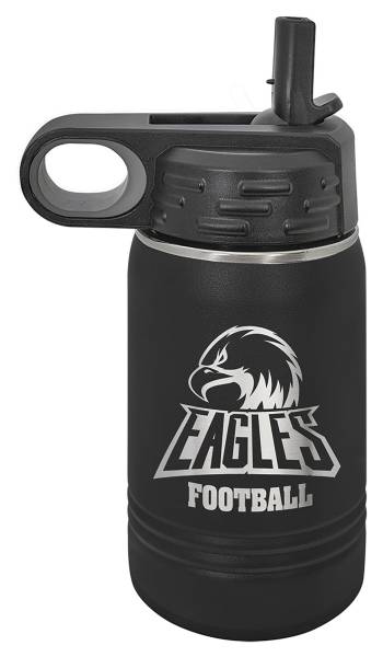 Black 12 oz water bottle engraved with a football team design