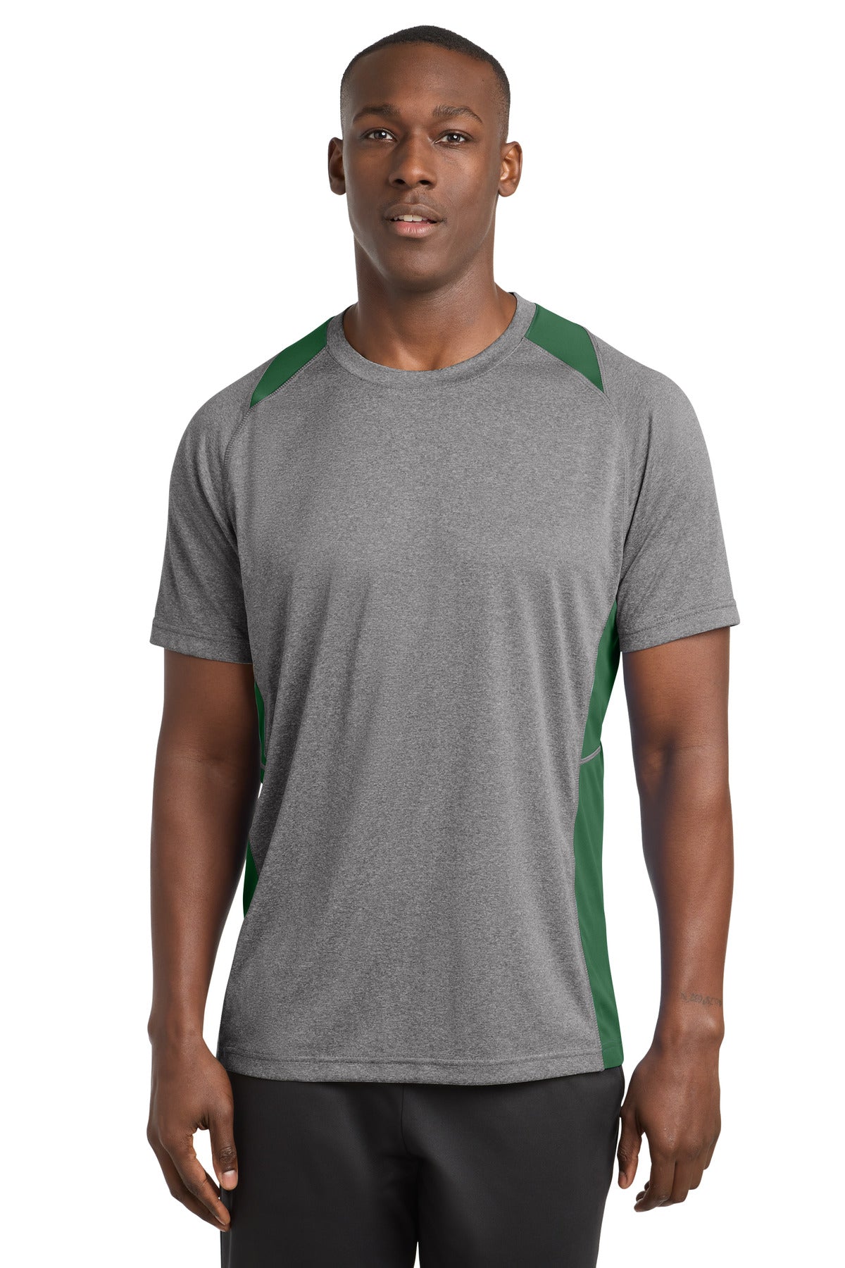 Sport-Tek Heather Colorblock Contender Tee ST361 - Vintage Heather/ Forest Green - Front