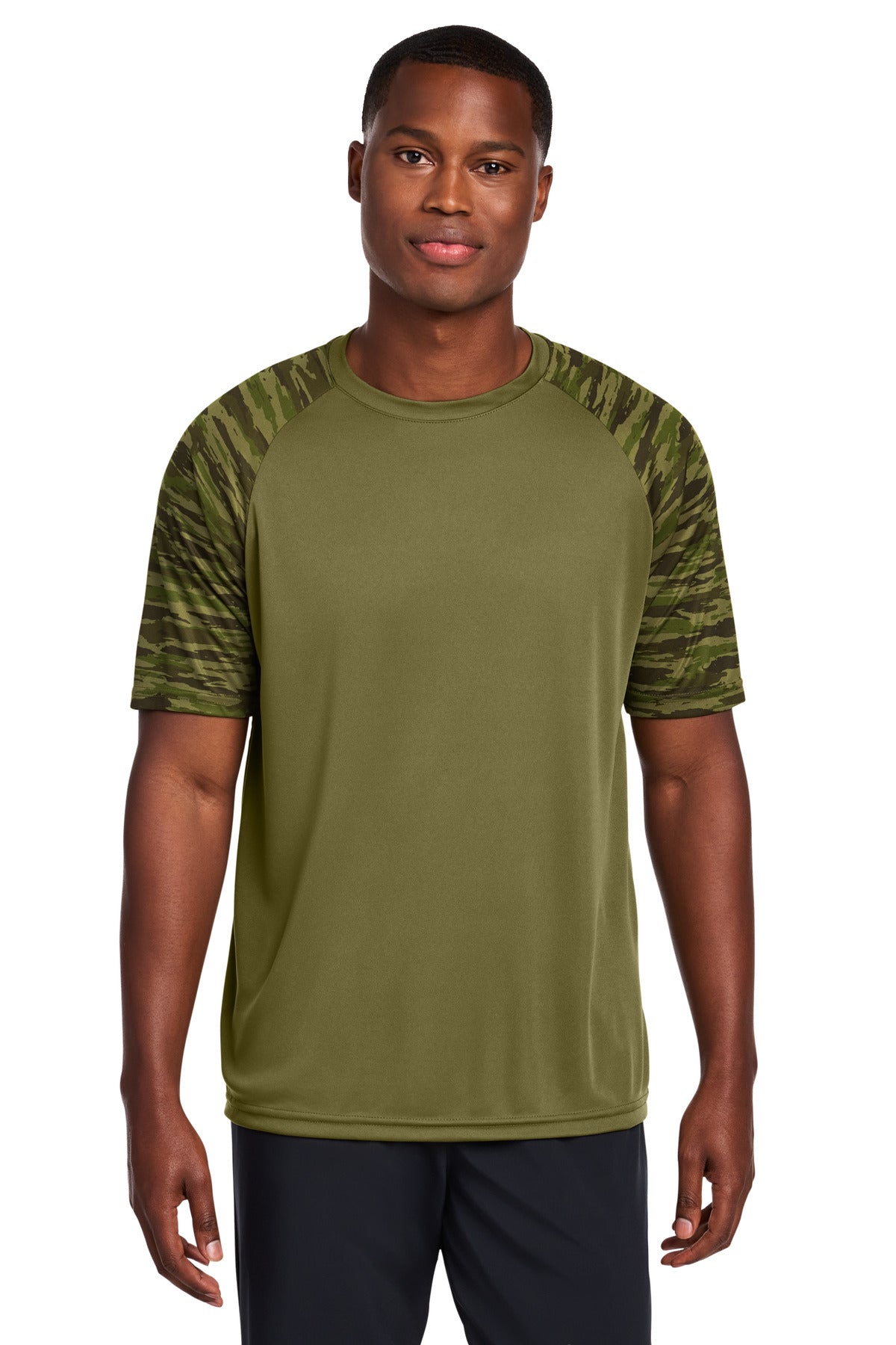 Sport-Tek Drift Camo Colorblock Tee ST376 - Olive Drab Green - Front