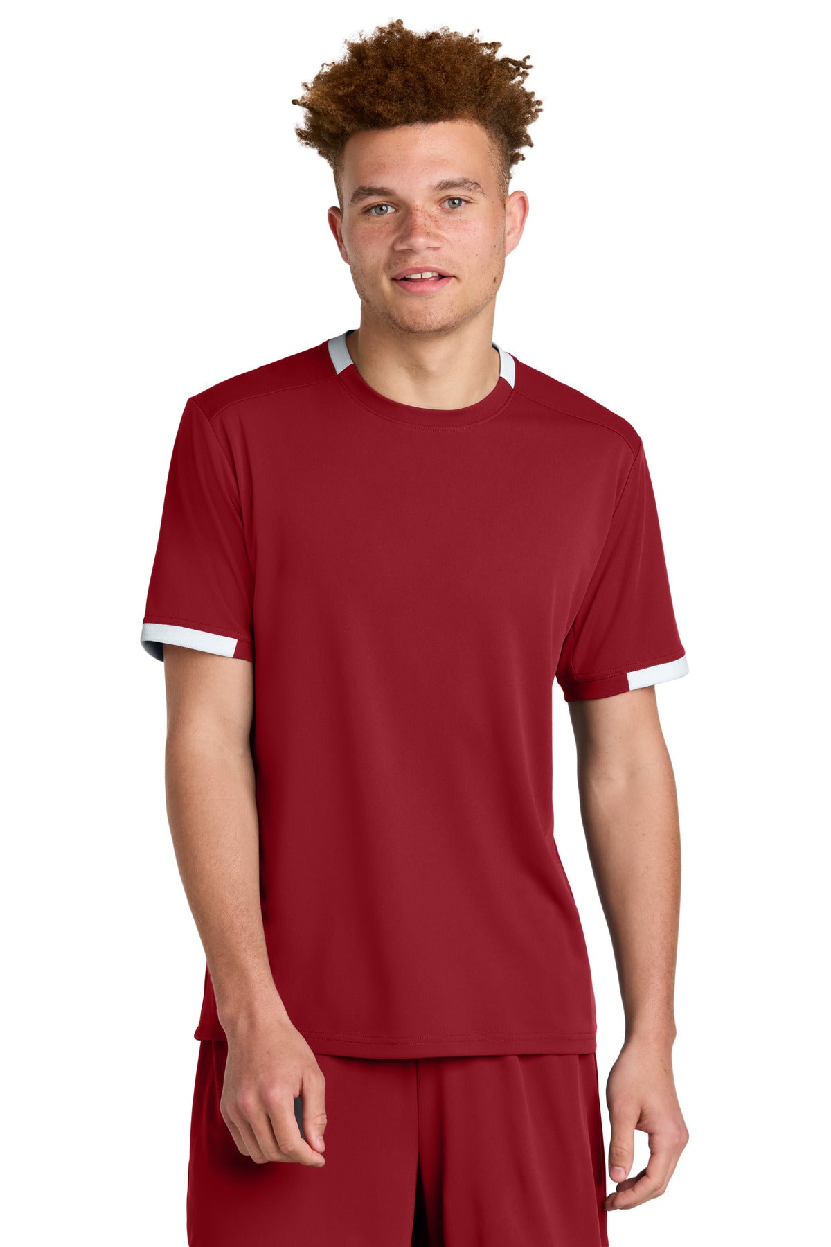 Sport-Tek Club Short Sleeve Crew ST440 - Deep Red/ White - Front