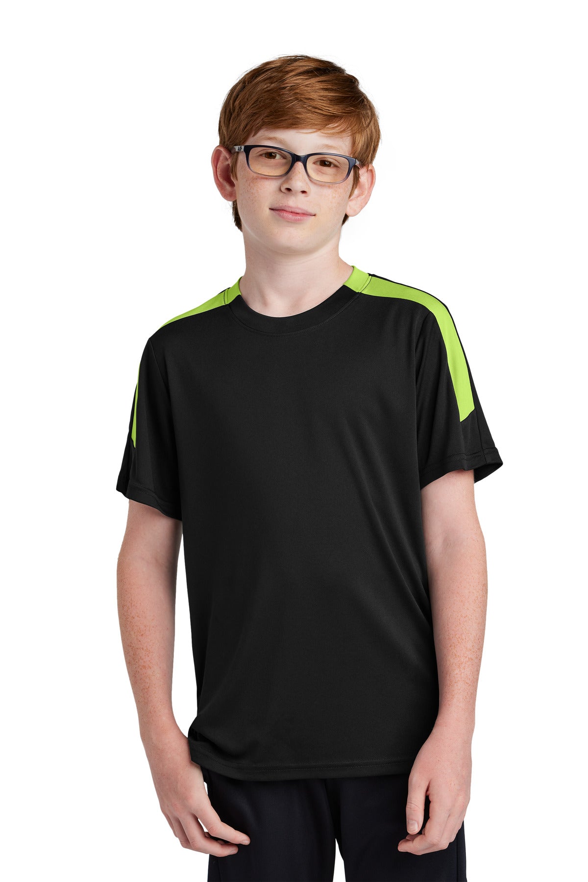 Sport-Tek Youth Competitor United Crew YST100 - Black/ Lime Shock - Front
