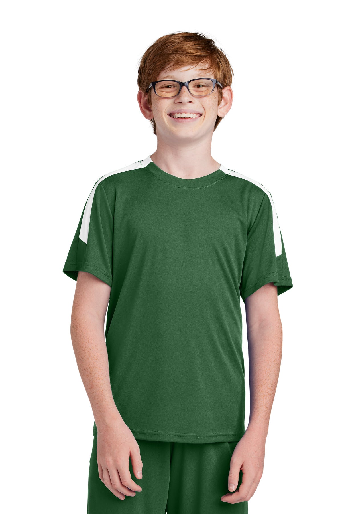Sport-Tek Youth Competitor United Crew YST100 - Forest Green/ White - Front