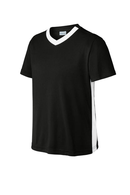Sport-Tek Youth Competitor United V-Neck YST101 - Black/ White - Front (flat)