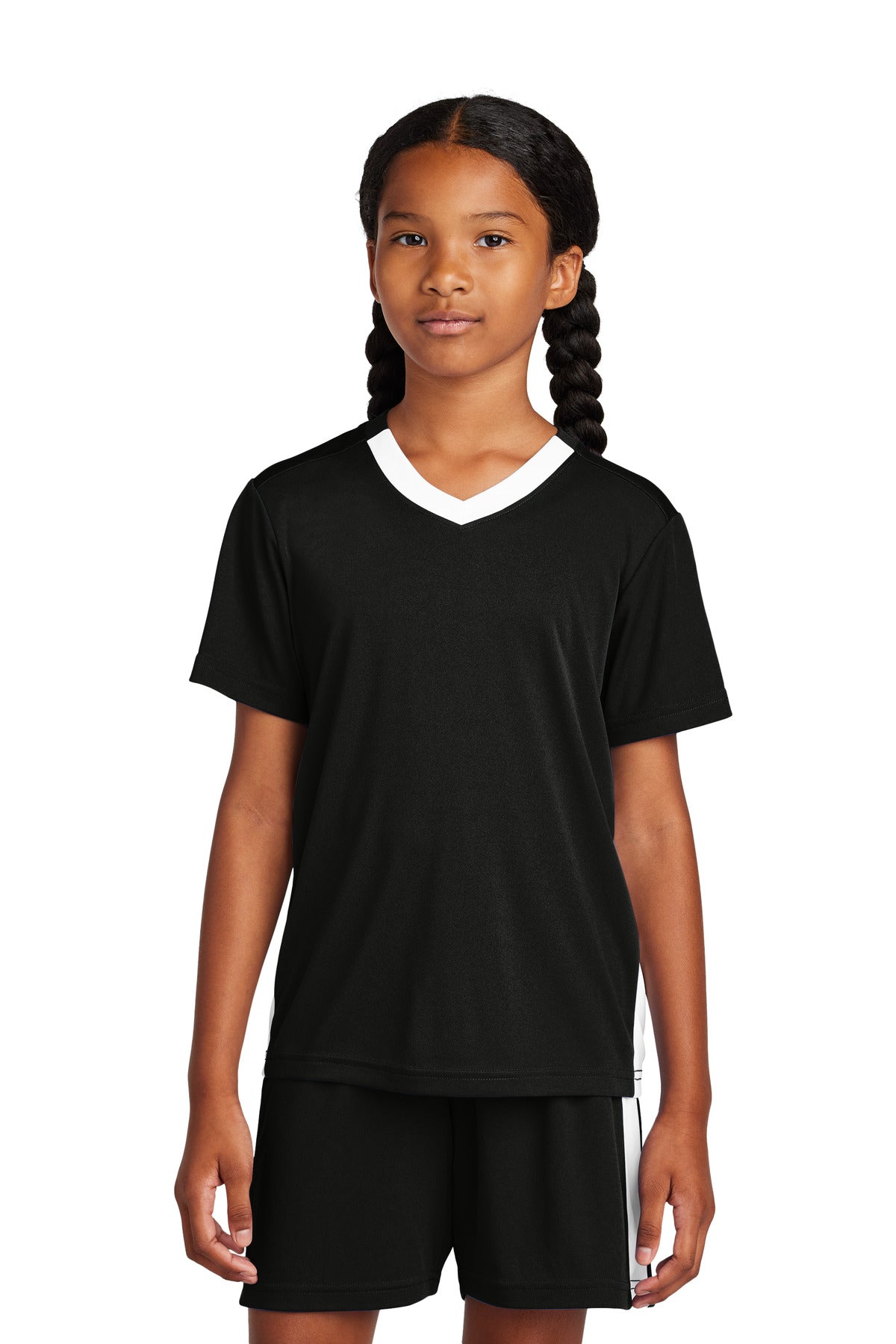 Sport-Tek Youth Competitor United V-Neck YST101 - Black/ White - Front