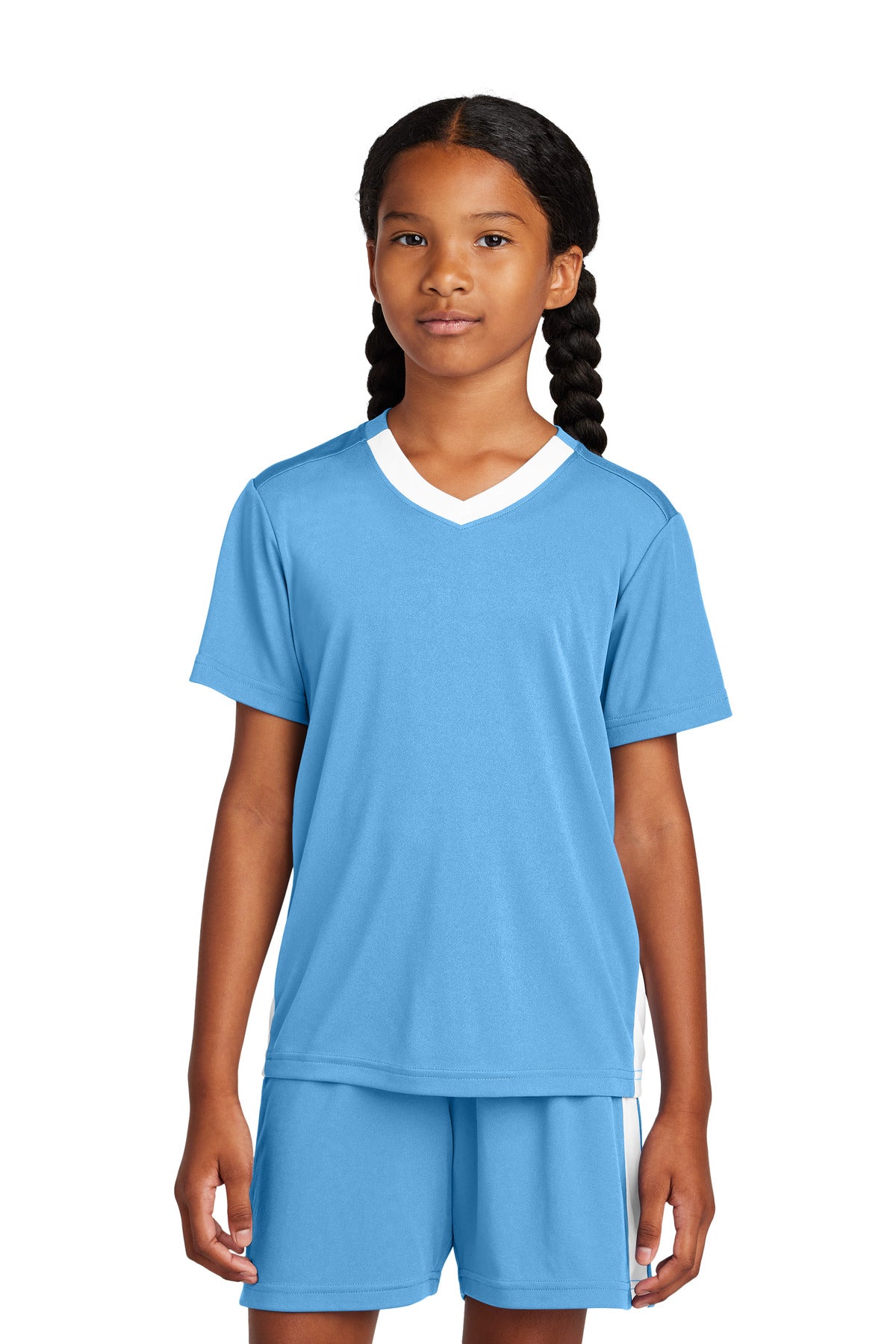 Sport-Tek Youth Competitor United V-Neck YST101 - Carolina Blue/ White - Front