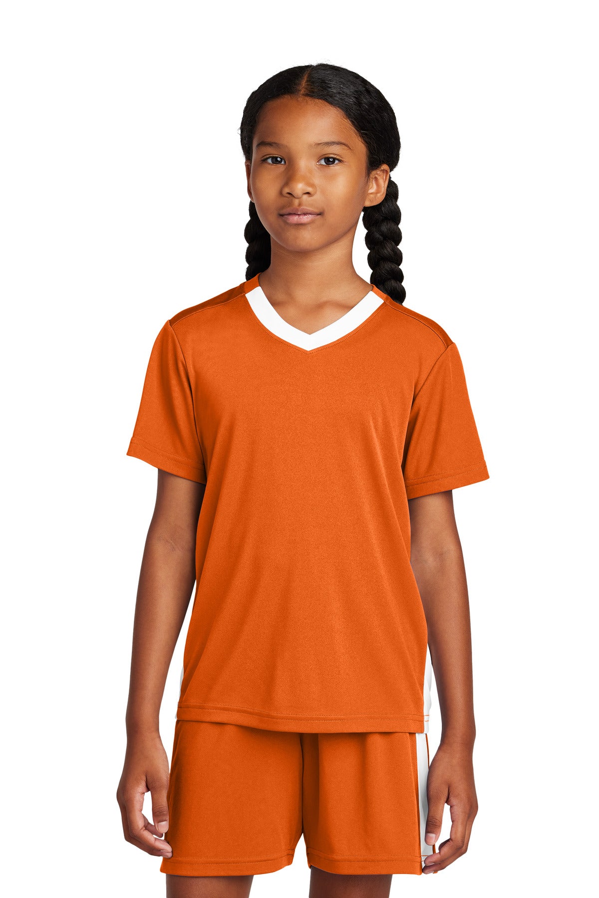 Sport-Tek Youth Competitor United V-Neck YST101 - Deep Orange/ White - Front