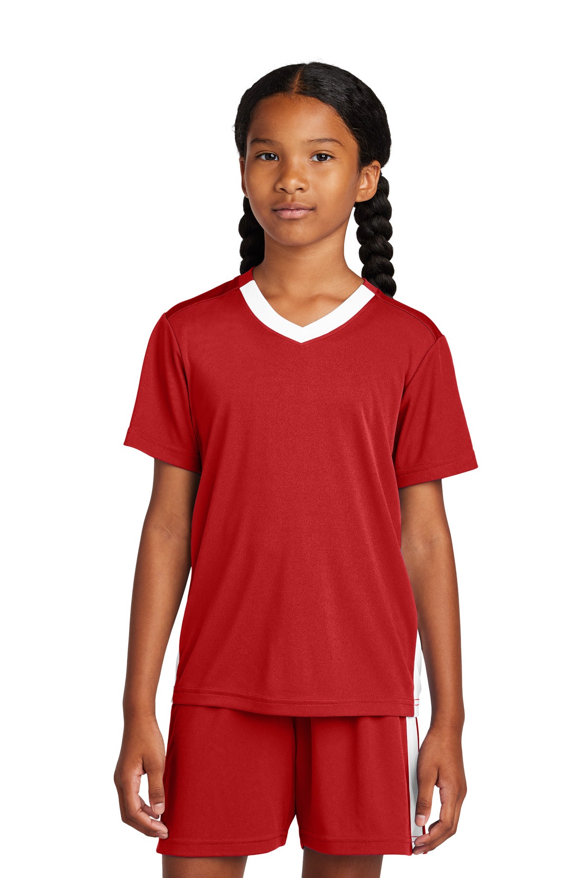 Sport-Tek Youth Competitor United V-Neck YST101 - Deep Red/ White - Front