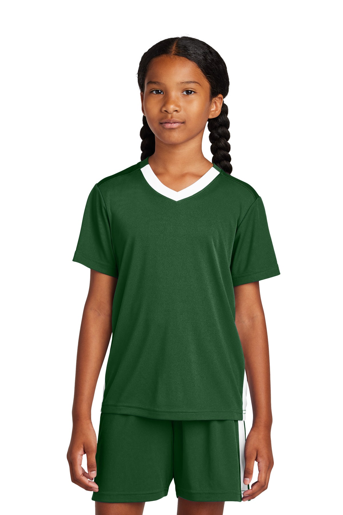 Sport-Tek Youth Competitor United V-Neck YST101 - Forest Green/ White - Front