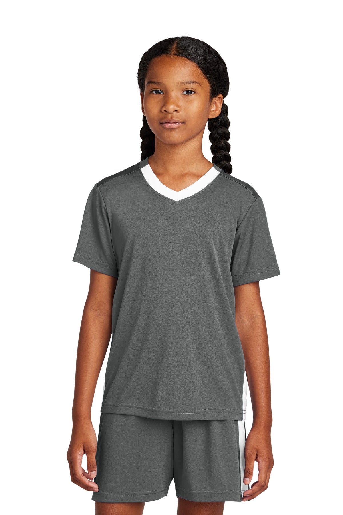 Sport-Tek Youth Competitor United V-Neck YST101 - Iron Grey/ White - Front